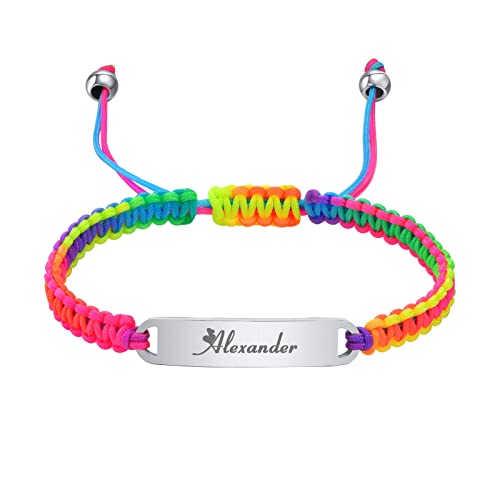 Personalisierte Baby Armband - Individuelles handgefertigtes einstellbares Regenbogen Geflochtenes Name Datum ID Armband für Kinder Kleinkind Kinder, Taufe Geschenke für Mädchen Jungen, Silber Tag von FLHEART