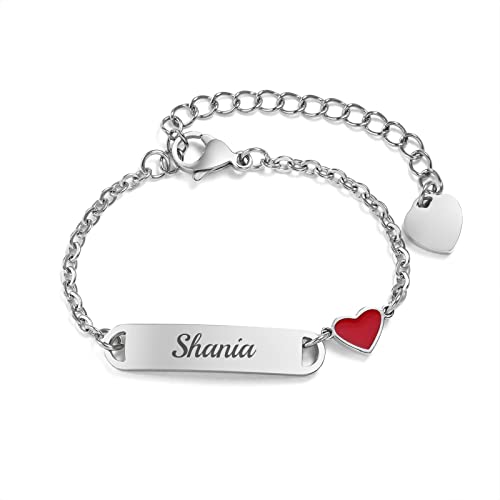 Personalisierte Kind ID Armbänder - Edelstahl benutzerdefinierte Name ID Platte Bar Armband mit Herz für Kinder Kleinkind von Mama, eingraviert Kid Name für Tochter Sohn Junge Mädchen einstellbar von FLHEART