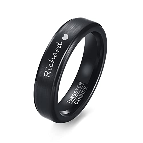 Personalisierte Wolfram Ring Damen Herren: Individuell 5mm Breite Schwarz gebürstet Finish Wolframkarbid Ringe Ehering Versprechen Ring Verlobungsring für Ihn Ehemann Freund, Gravur Namen Ring von FLHEART