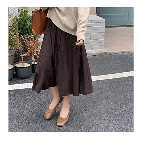 FLLLYQ Damen Gestrickter Gerippter Rock, Herbst Hanfmuster Strickrock, Hohe Taille A-Linie Langer Rock, Damen Soft Stretch Flared Skater Midi Rock, Kaffee, One Size von FLLLYQ