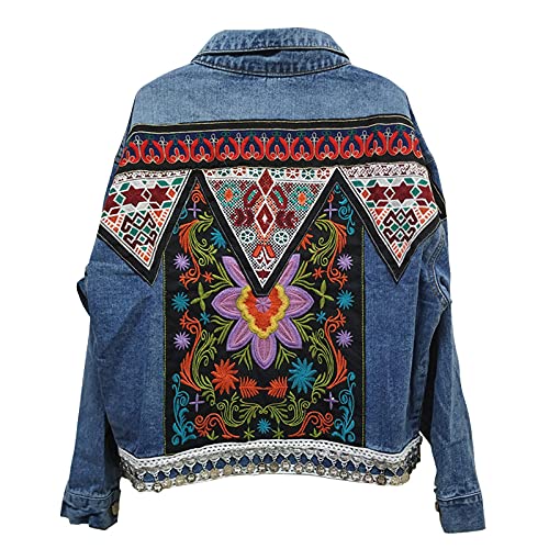 FLLLYQ Damen Jeansjacke, Blumenstickerei Vintage Denim Mantel, Langarm Boho Oberbekleidung, Lose Lässige Jeansjacke Für Damen/Unisex/Paare, Einheitsgrößeas von FLLLYQ