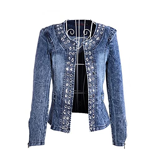 FLLLYQ Damen Jeansjacke, Lässige Jeansjacke Mit Rundhalsausschnitt, Schlanke Jeansjacke In Übergröße, Stylische Strickjacke Mit Strasssteinen Für Damen, XL von FLLLYQ