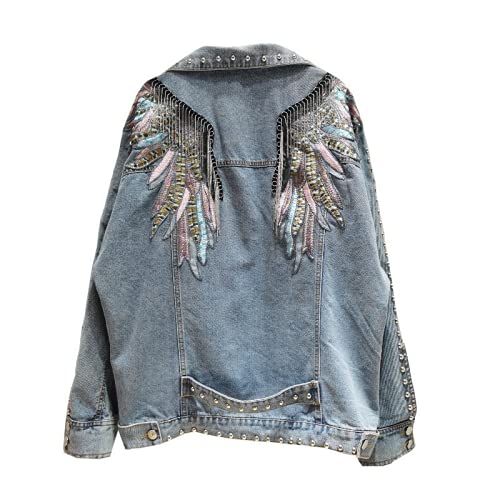 FLLLYQ Damen Jeansjacke, Rivet Wings Mäntel, Damen Langarm Bestickte Jeansjacke, Lässige Kurze Jeansmantel Jacken Mit Metallquasten Und Nieten, Einheitsgröße von FLLLYQ