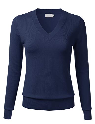 FLORIA Damen Soft Basic Dicker V-Ausschnitt Pullover Langarm Strickpullover (S-XL) - Blau - Mittel von FLORIA
