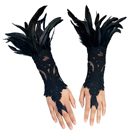 Damen Vintage Spitzenhandschuhe mit Feder Dekoriert Lange Lace Handstulpen Feder Armbänder Armstulpen für Cosplay Hochzeit Karneval Kostüm Zubehör von FLOTRUTE