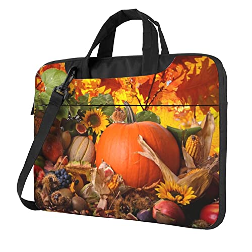 Elegante Laptop-Umhängetasche mit violettem Blumendruck, Kuriertasche, Aktentasche, Computertasche, Tasche für Damen und Herren, Autumn Leaves Happy Thanksgiving Day Kürbis, 14 inch von FLYIFE