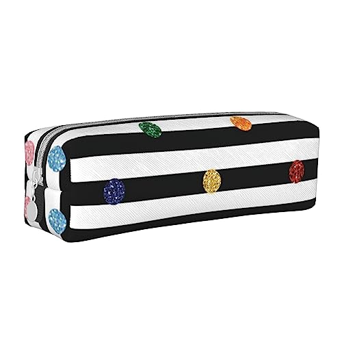 FLYIFE Basketball Sport Leder Federmäppchen Reißverschluss Bleistift Stift Fall Bleistift Tasche Organizer für Mädchen Jungen Student Schule Büro College, Glitzer-Regenbogen-Punkt-Streifen, Schwarz und Weiß, Einheitsgröße, Schulranzen von FLYIFE