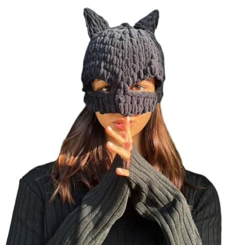 FLYIFE Gestrickte Y2K-Mütze für Damen Beanies Schwarz Gehäkelt Fledermausmütze Winter-Kopfmaske Lustiger Halloween-Partyhut für Frauen und Mädchen,Schwarz,L von FLYIFE