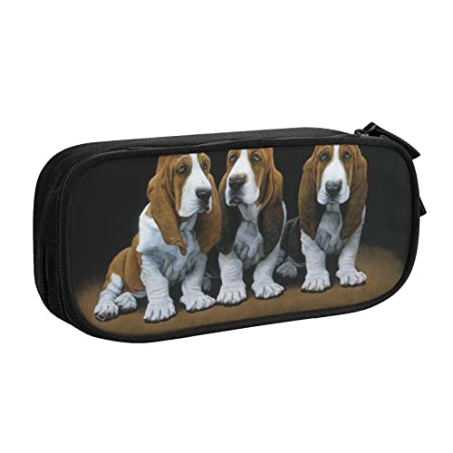 FLYIFE Niedliche Basset Hound Welpen große Federtasche mit 2 Fächern Federmäppchen Federmäppchen Bleistiftbeutel Tasche Organizer für Mädchen Jungen Student Schule Büro Universität, Schwarz , Einheitsgröße, Schulranzen von FLYIFE