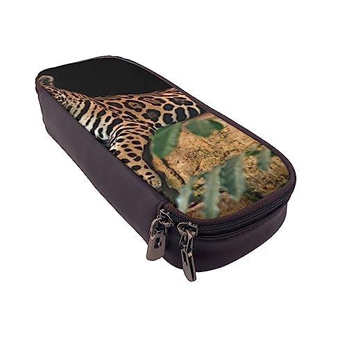 FLYIFE Tiger Paar Leder Federmäppchen Reißverschluss Bleistift Stift Fall Klappe Bleistift Pouch Tasche Organizer für Mädchen Jungen Student Schule Büro College, Afrikanische Tierwelt Leopard auf von FLYIFE