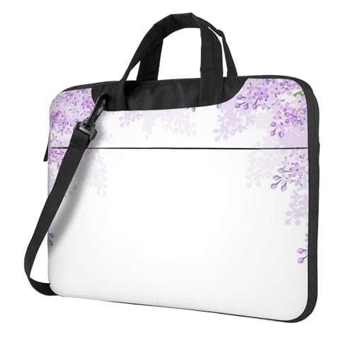 Golden Retriever bedruckte Laptop-Umhängetasche – Kuriertasche, Aktentasche, Computertasche, Tasche für Damen und Herren, Einrahmende lila Blumen in Blüten, 13 inch von FLYIFE