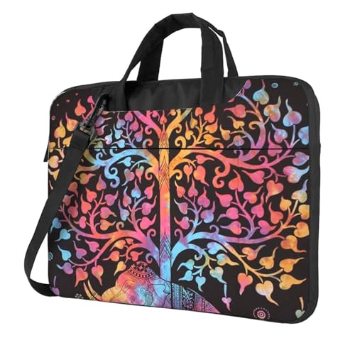 Laptop-Umhängetasche mit Blumenmuster, Kolibri-Stickerei, bedruckt, Kuriertasche, Aktentasche, Computertasche, Tasche für Damen und Herren, Baum des Lebens und Batik-Elefant, 14 inch von FLYIFE