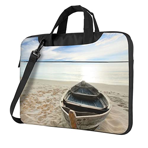 Laptop-Umhängetasche mit Blumenmuster, Kolibri-Stickerei, bedruckt, Kuriertasche, Aktentasche, Computertasche, Tasche für Damen und Herren, Boot Strand Sonnenaufgang Zeit nautisch, 13 inch von FLYIFE