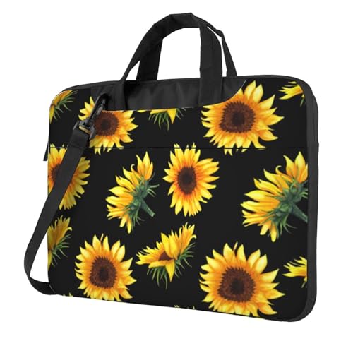 Laptop-Umhängetasche mit Dampfzug bedruckt, Kuriertasche, Aktentasche, Computertasche, Tasche für Damen und Herren, Sonnenblumenblühende Blumen Pflanzen schwarz und gelb, 15.6 inch von FLYIFE