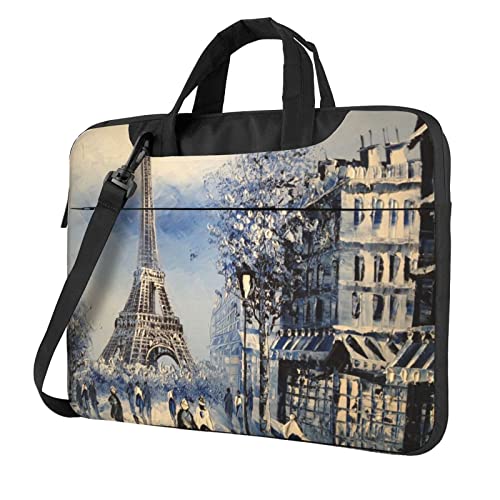 Laptop-Umhängetasche mit Landschaftsmalerei, bedruckt, Kuriertasche, Aktentasche, Computertasche, Tasche für Damen und Herren, Romantischer Paris Eiffelturm, 13 inch von FLYIFE