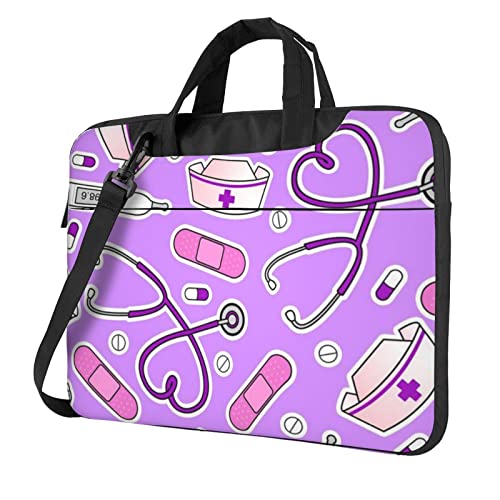 Laptop-Umhängetasche mit Wolfs-Heulung auf dem Mond, bedruckt, Kuriertasche, Aktentasche, Computertasche, Tasche für Damen und Herren, Krankenschwester-Muster, Violett, 13 inch von FLYIFE