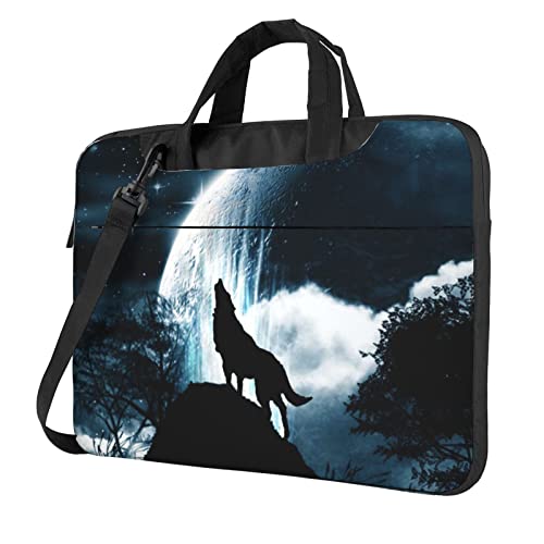 Laptop-Umhängetasche mit Wolfs-Heulung auf dem Mond, bedruckt, Kuriertasche, Aktentasche, Computertasche, Tasche für Damen und Herren, Wolf heulen bei der Mond, 13 inch von FLYIFE