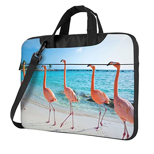 Laptop-Umhängetasche mit Ziegen-Motiv, Kuriertasche, Aktentasche, Computertasche, Tasche für Damen und Herren, Rosa Flamingo am Strand, 14 inch von FLYIFE