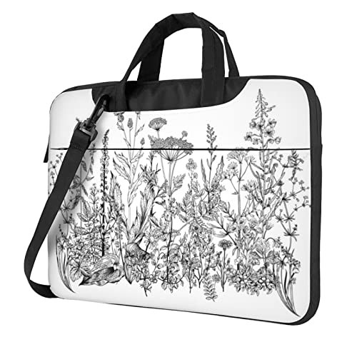 Laptop-Umhängetasche mit Ziegen-Motiv, Kuriertasche, Aktentasche, Computertasche, Tasche für Damen und Herren, Schwarz-weiße Blumen, 15.6 inch von FLYIFE