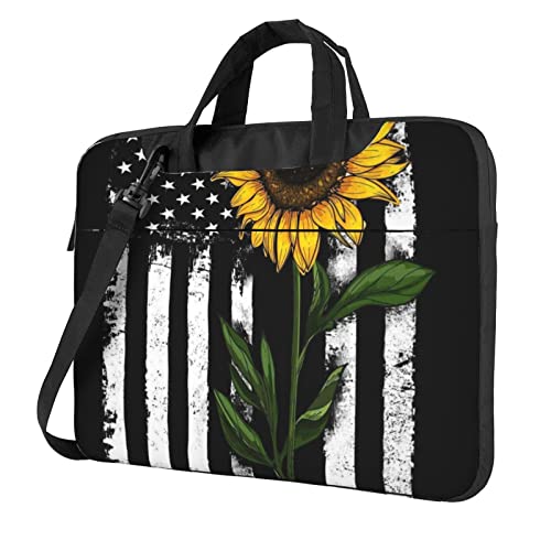 Laptop-Umhängetasche mit französischer Bulldogge, bedruckt, Kuriertasche, Aktentasche, Computertasche für Damen und Herren, Sonnenblume und amerikanische Flagge, 14 inch von FLYIFE