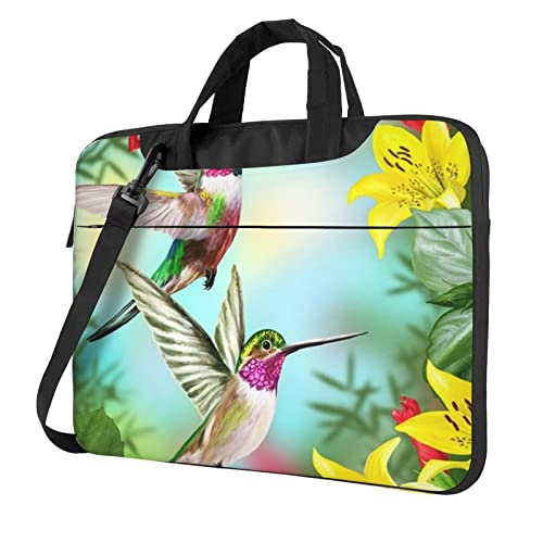 Laptop-Umhängetasche mit niedlichem Kuh-Motiv, Kuriertasche, Aktentasche, Computertasche, Tasche für Damen und Herren, Kolibri, rote Blume, Hibiskus, 14 inch von FLYIFE