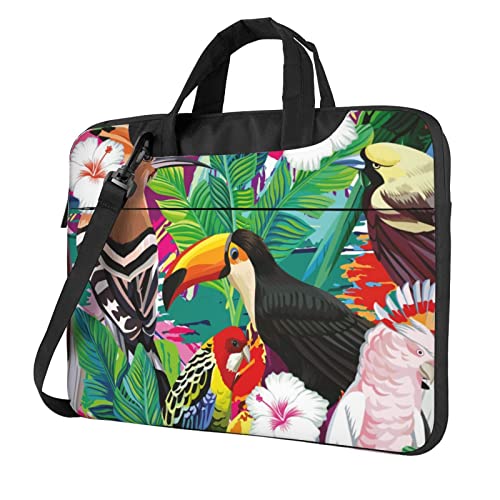 Laptop-Umhängetasche mit tropischen Vögeln und Pflanzenblättern, bedruckt, Kuriertasche, Aktentasche, Computertasche für Damen und Herren, Tropische Vögel und Pflanzenblätter, 14 inch von FLYIFE