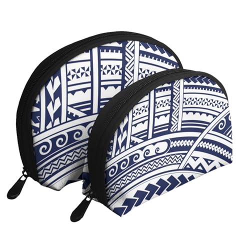 Reise-Make-up-Taschen-Set mit buntem Elefantenmotiv, Kulturbeutel mit Reißverschluss, Muschelförmige Kosmetiktasche, Organizer für Damen und Mädchen, Blaues, polynesisches Maori-Tribal-Muster, von FLYIFE