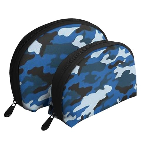 Reise-Make-up-Taschenset mit Monarch-Schmetterlingen, Kulturbeutel mit Reißverschluss, Muschelförmige Kosmetiktasche, Organizer für Damen und Mädchen, blau camouflage, Einheitsgröße, Kosmetiktasche von FLYIFE