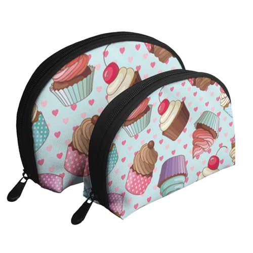 Reise-Make-up-Taschenset mit englischen Bulldoggen, Kulturbeutel mit Reißverschluss, Muschelförmige Kosmetiktasche, Organizer für Damen und Mädchen, Cupcake-Muster, Einheitsgröße, Kosmetiktasche von FLYIFE