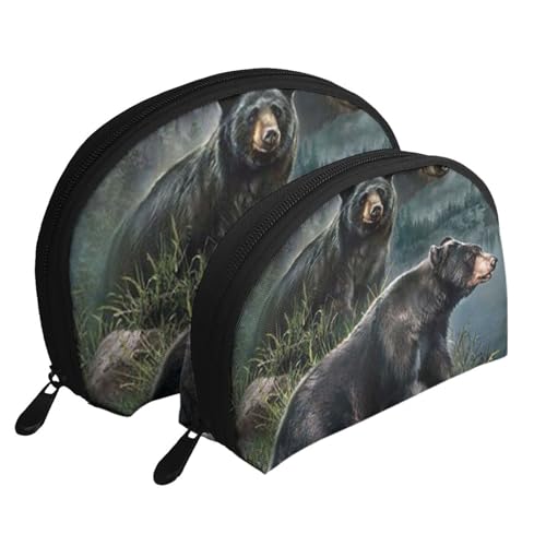 Reise-Make-up-Taschenset mit niedlichem Pomeranian bedruckt, Kulturbeutel mit Reißverschluss, Muschelförmige Kosmetiktasche, Organizer für Damen und Mädchen, Black Bear, Einheitsgröße, Kosmetiktasche von FLYIFE