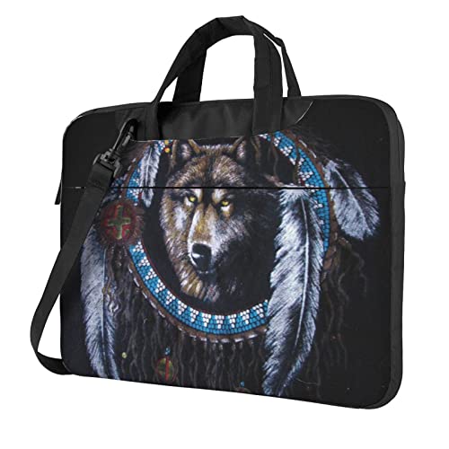 Rocky Mountains bedruckte Laptop-Umhängetasche – Kuriertasche, Aktentasche, Computertasche, Tasche für Damen und Herren, Indianer Wolf, 15.6 inch von FLYIFE