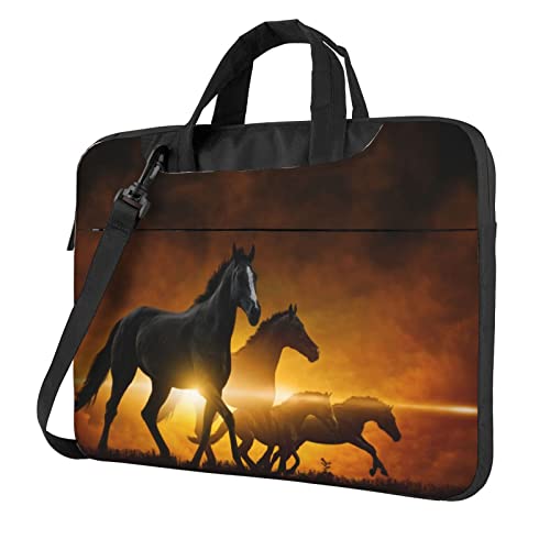 Süße Pekinese bedruckte Laptop-Umhängetasche – Messenger-Aktentasche Computer-Tasche für Damen und Herren, Laufende schwarze Pferde, 15.6 inch von FLYIFE