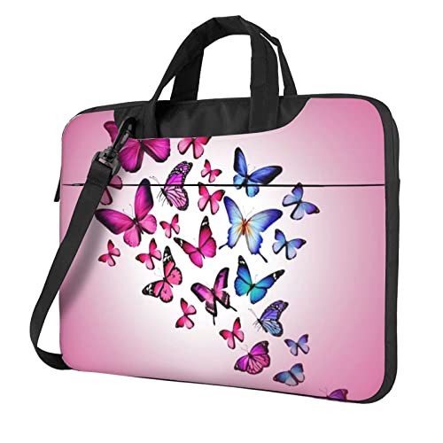 Süße Pekinese bedruckte Laptop-Umhängetasche – Messenger-Aktentasche Computer-Tasche für Damen und Herren, Rosa Schmetterlinge, 13 inch von FLYIFE