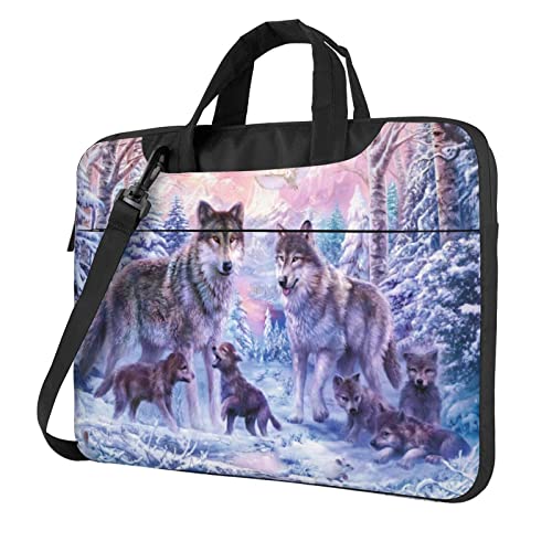 Süße Pekinese bedruckte Laptop-Umhängetasche – Messenger-Aktentasche Computer-Tasche für Damen und Herren, Winterwolf-Familie., 13 inch von FLYIFE