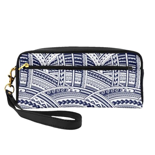 Tragbare Make-up-Tasche mit buntem Elefanten-Druck, PU-Leder, Reise-Kosmetiktasche, Federmäppchen für Mädchen und Frauen, Blaues, polynesisches Maori-Tribal-Muster, Einheitsgröße von FLYIFE