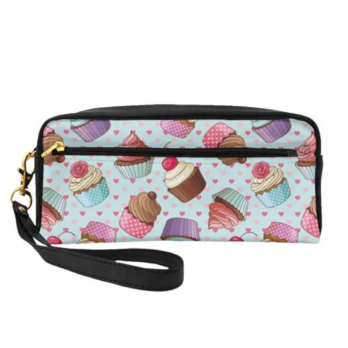 Tragbare Make-up-Tasche mit englischen Bulldoggen, PU-Leder, Reise-Kosmetiktasche, Federmäppchen für Mädchen und Frauen, Cupcake-Muster, Einheitsgröße von FLYIFE