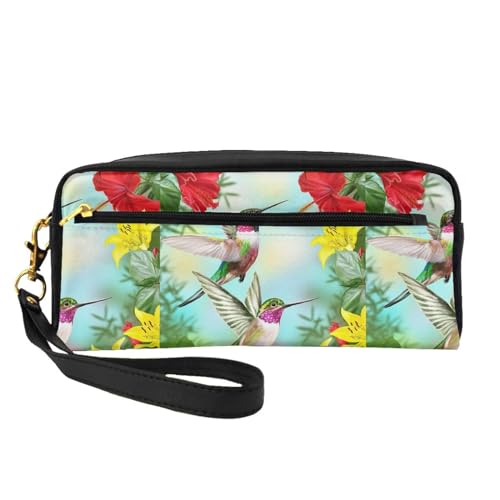 Tragbare Make-up-Tasche mit fleischfressenden Pflanzen, PU-Leder, Reise-Kosmetiktasche, Federmäppchen für Mädchen und Frauen, Kolibri, rote Blume, Hibiskus, Einheitsgröße von FLYIFE