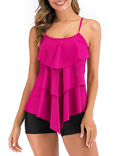 FLYILY Damen Zwei Stücke Tankini Rüschen Volant Geschichtet Bademode mit Boy Legs Shorts Rüschen Große Größen Bademode Badeanzug(Rosered,XXXL) von FLYILY