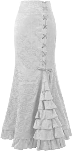 Damen Viktorianische Steampunk Rock Rüschen Elegante Bodycon Rock Fischschwanz Meerjungfrau Rock,M,Weiß(Jacquard) von FM2018XSL