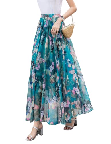 FM2018XSL Langer Chiffonrock für Damen Maxi Bohème Blumenmuster(as4, Alpha, M, Regular, Regular, Schmetterling Orchidee) von FM2018XSL