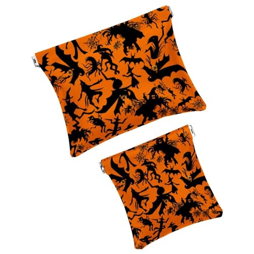 FNETJXF Make-up-Tasche aus Kunstleder für Geldbörse, kleine Make-up-Tasche für Geldbörse, Mini-Make-up-Tasche, tragbare Kosmetiktasche, Happy Halloween, Totenkopf, Spinnennetz, Fledermaus, Hexe, 2 von FNETJXF