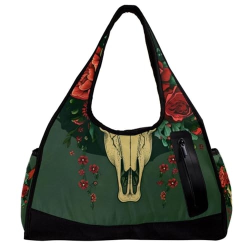 Turnbeutel, Seesack, Workout-Tasche, Fitness, Workout, Tanztasche, Kuh, Totenkopf, ethnische Blumenfedern, Muster 59, 47x16.5x27cm(18.5x6.5x10.6in) von FNETJXF