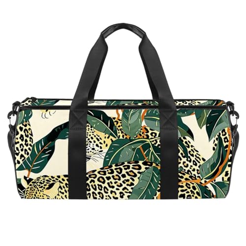 Turnbeutel, Turnbeutel für Herren, Turnbeutel für Damen, Reisetasche, Seesack für Damen, Leoparden-Tiere, tropische Blätter, Muster 2928, 45x23x23cm(17.7x9x9in) von FNETJXF