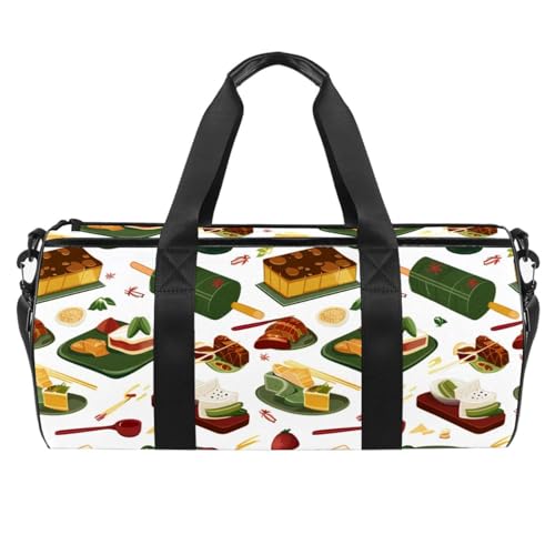 Turnbeutel für Damen, Sporttasche, Workout-Tasche, Reisen, Yoga, Duffel Bag für Training, Essen, Cartoon, Knödel, Taco, Curry, Reis, Muster 1187, 45x23x23cm(17.7x9x9in) von FNETJXF