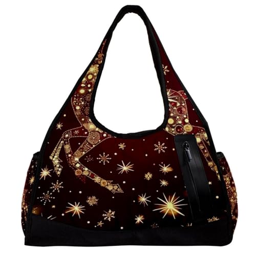 Turnbeutel für Damen und Herren, Seesack für Herren, Turnbeutel für Damen, Handgepäck, Wochenendtasche, goldene Schneeflocken, Elch, Weihnachten, Muster 1696, 47x16.5x27cm(18.5x6.5x10.6in) von FNETJXF