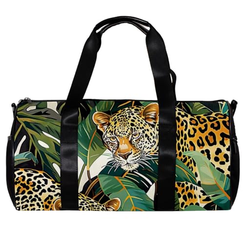 Turnbeutel für Herren, Reisetasche, Workout-Tasche, Yoga, Sport, Fitnessstudio, Handtasche, Leopardenmuster, tropische Blätter, Muster 2922, 45x23x23cm(17.7x9x9in) von FNETJXF