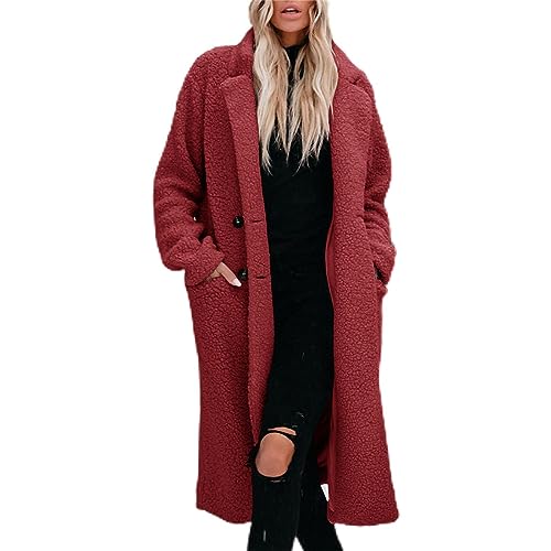 FNKDOR 2023 Neu Winterjacke Damen Dicker Warm Lange Fellmantel Plüschmantel Teddymantel Cardiganmantel (Red, XXL) von FNKDOR