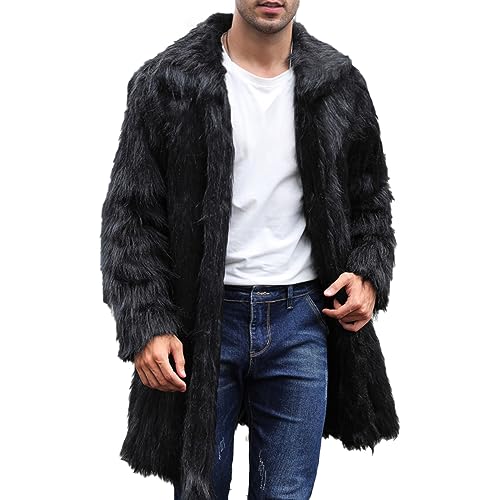 FNKDOR 2023 Winterjacke Herren Lang Reverskragen Flauschige Kunstfelljacke Fellimitat Pelzjacke Cardiganmantel (Black, XL) von FNKDOR