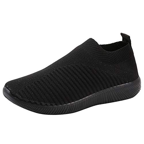 FNKDOR Ohne Schnürsenkel Sneaker Damen Atmungsaktiv Stoff Laufschuhe Leichte Turnschuhe Fitness Sportschuhe mit Elastischer Schuhmund Schwarz 42 von FNKDOR