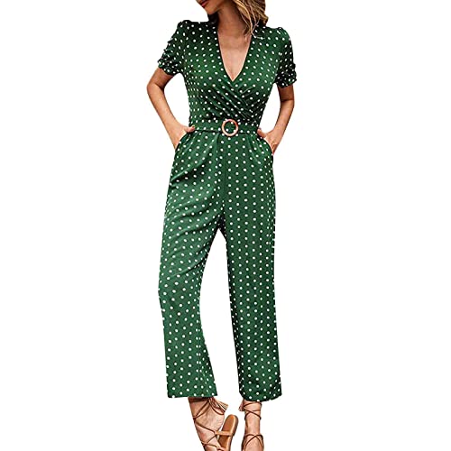 FNKDOR Polka Dot Jumpsuit Damen Elegant Sommer V-Ausschnitt Kurzarm Overalls Weites Bein Romper mit Gürtel von FNKDOR